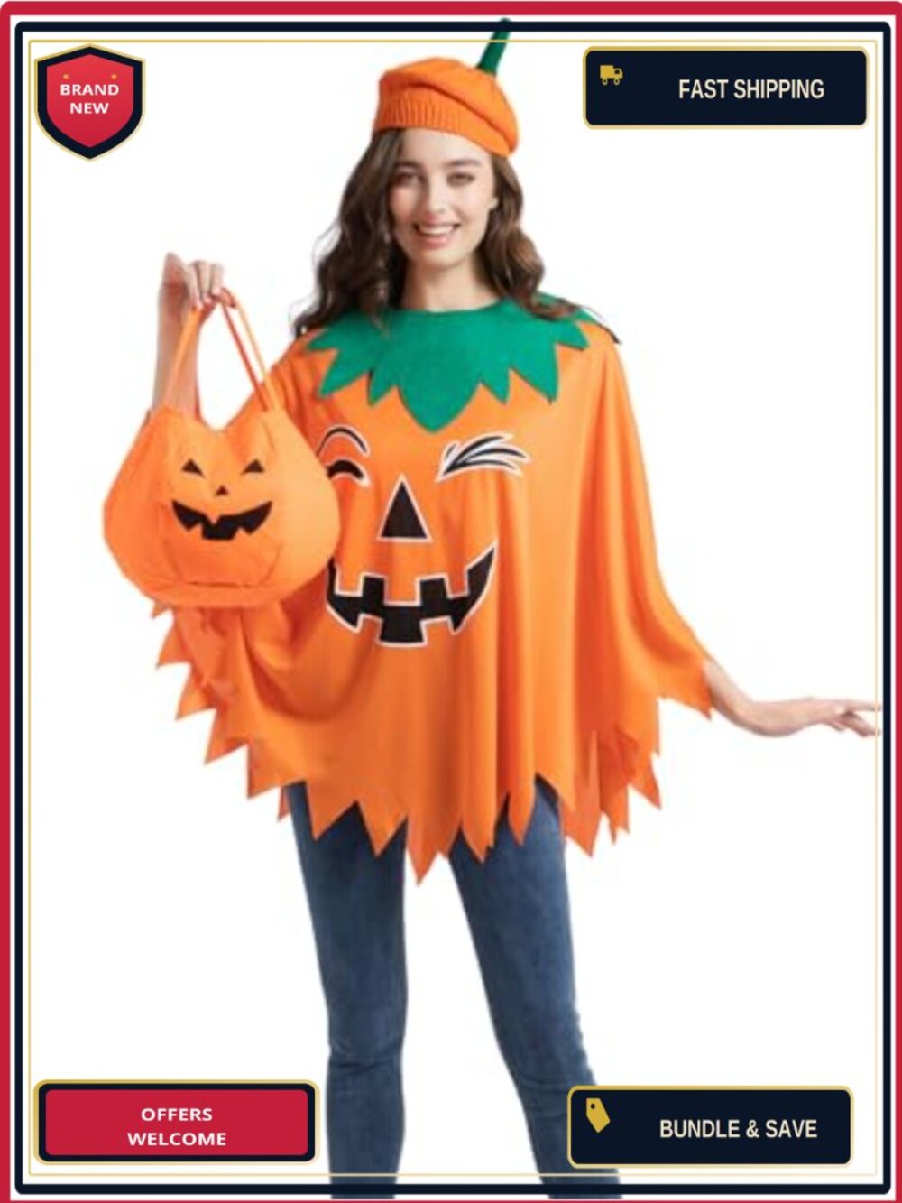 3 PC Glow-In-The-Dark Pumpkin Costume Set Cape Beret Candy Bag